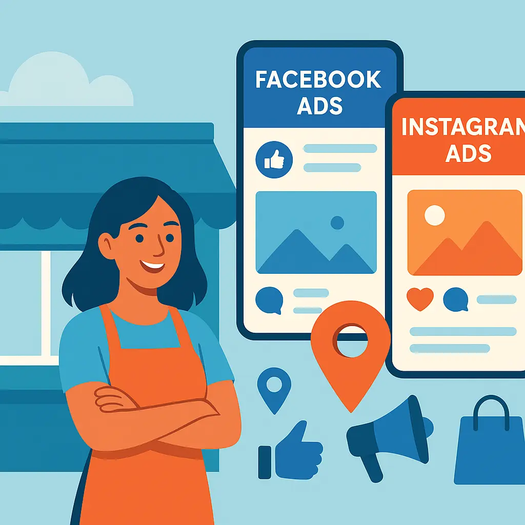 Flat-style illustration of a smiling small business owner outside their shop with Facebook and Instagram Ads dashboards, geo-targeting pins, and marketing icons.