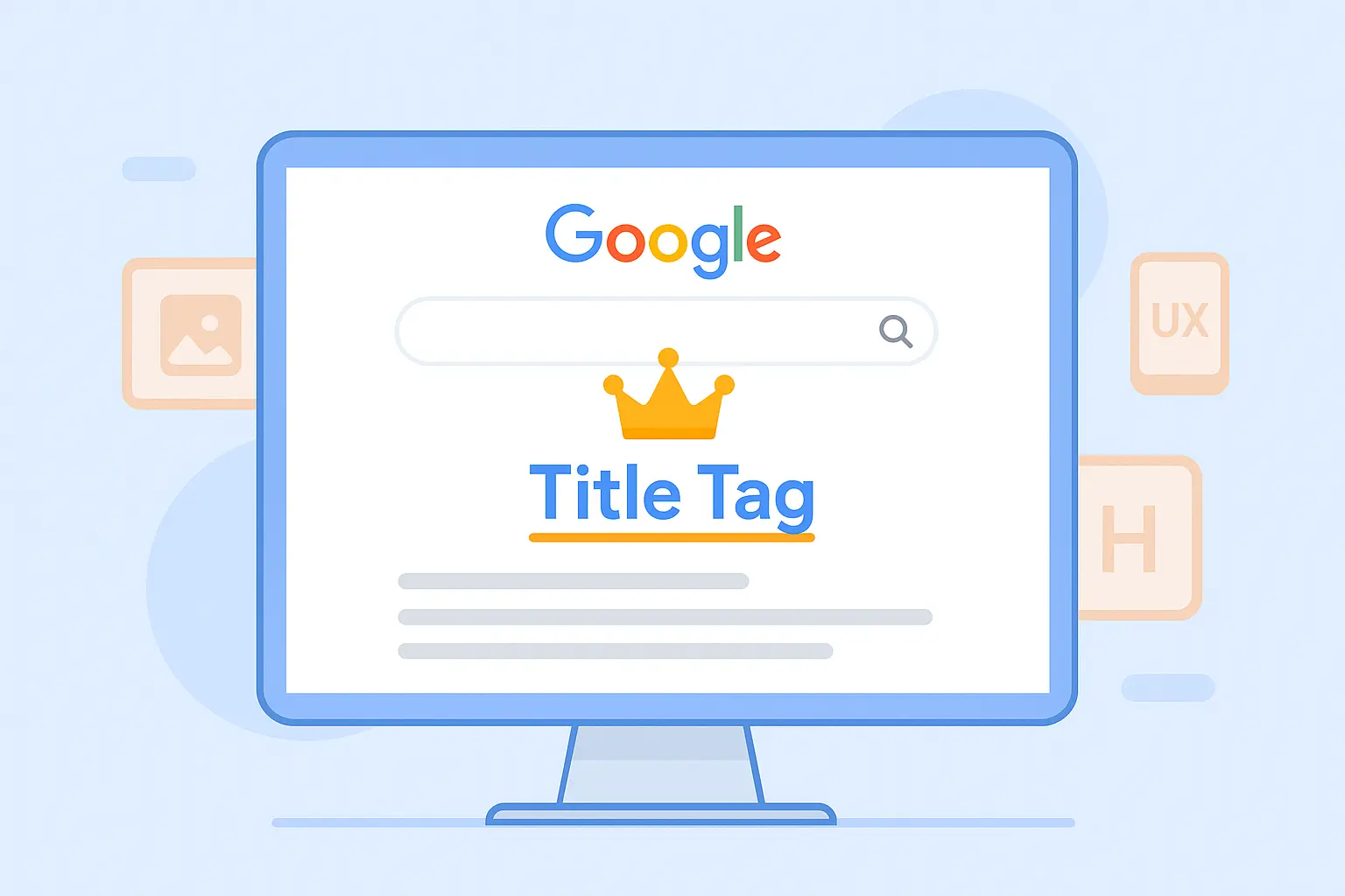 Illustration highlighting the title tag as the most important on-page SEO element in 2025, with Google search results and supporting SEO factors in the background.
