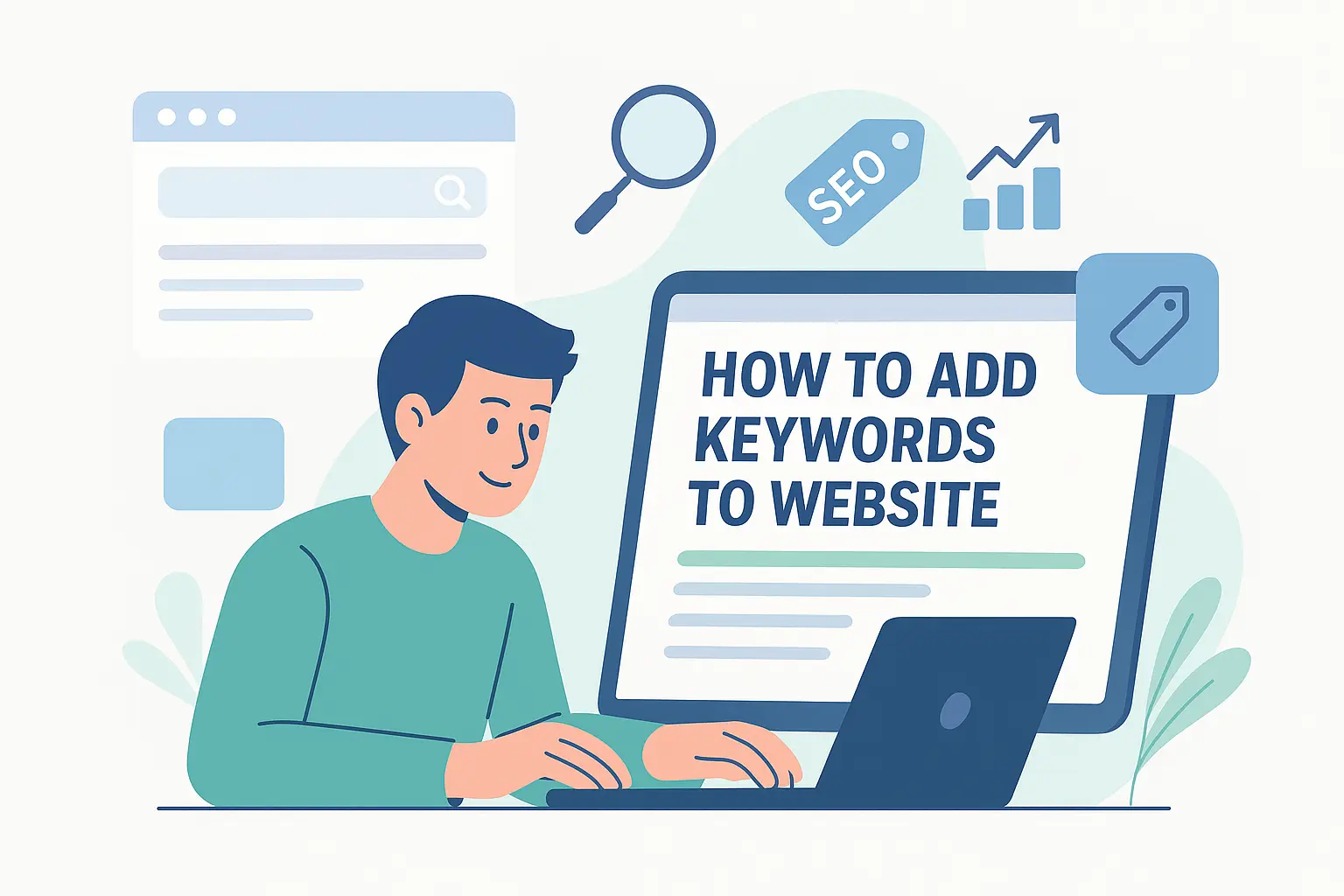 Illustration of a person learning how to add keywords to website content for better SEO rankings