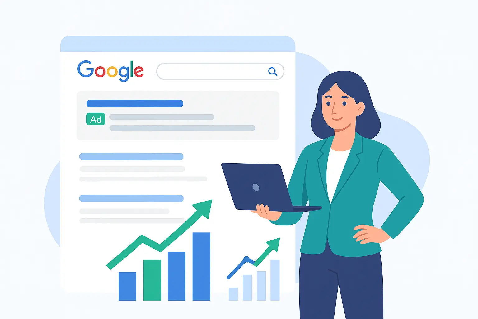 Google Ads helping business growth with top search ranking and increased sales – flat style illustration
