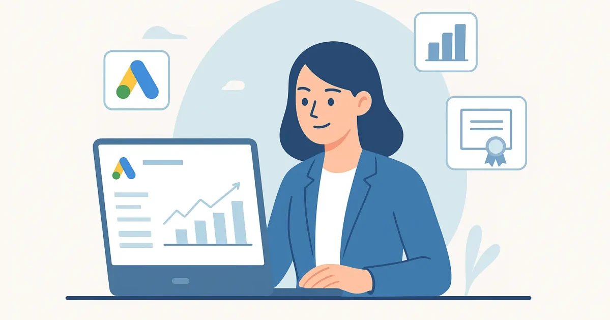 Illustration of a Google Ads Specialist working on a laptop with Google Ads dashboard, charts, and certification icons representing digital marketing success.