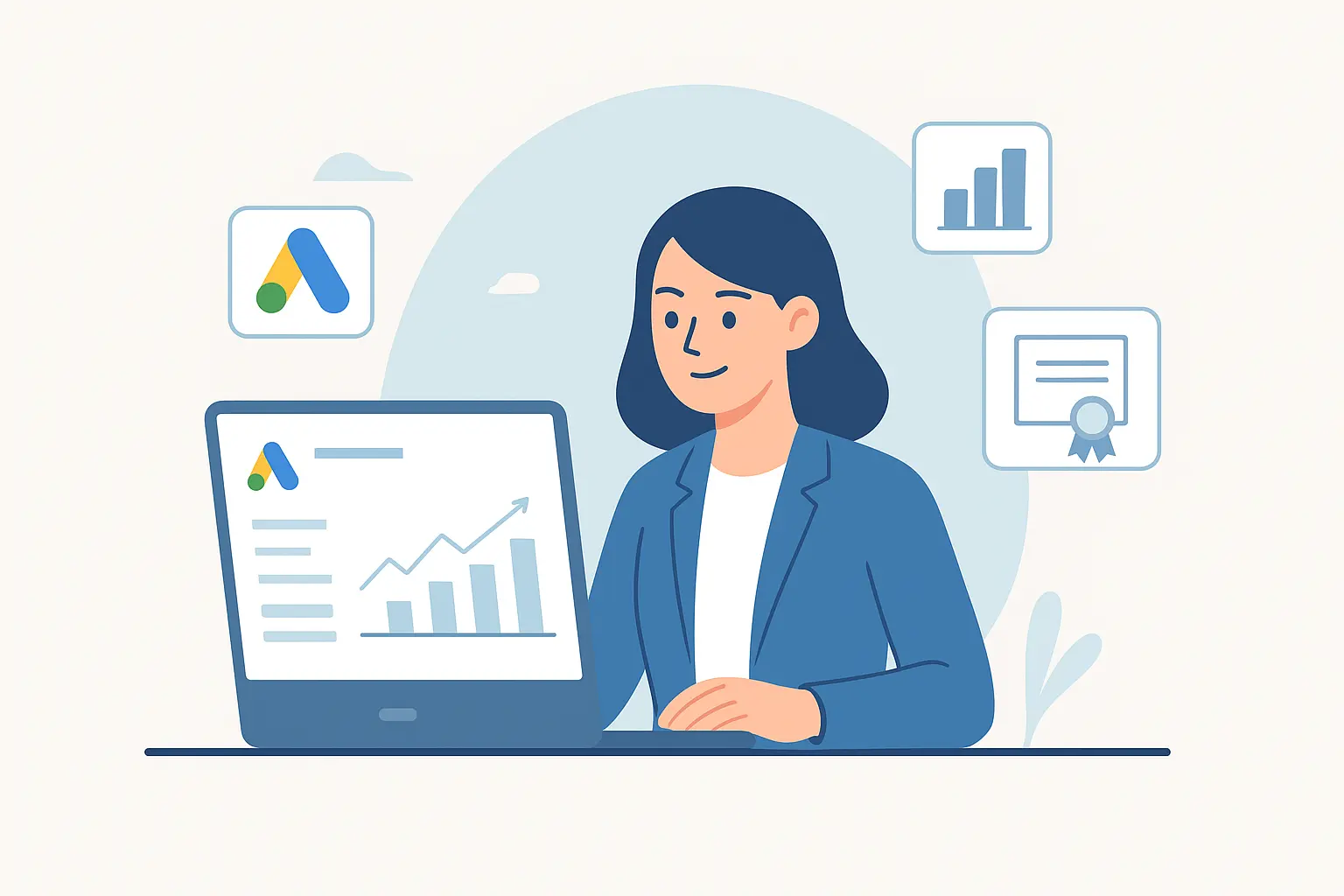 Illustration of a Google Ads Specialist working on a laptop with Google Ads dashboard, charts, and certification icons representing digital marketing success.
