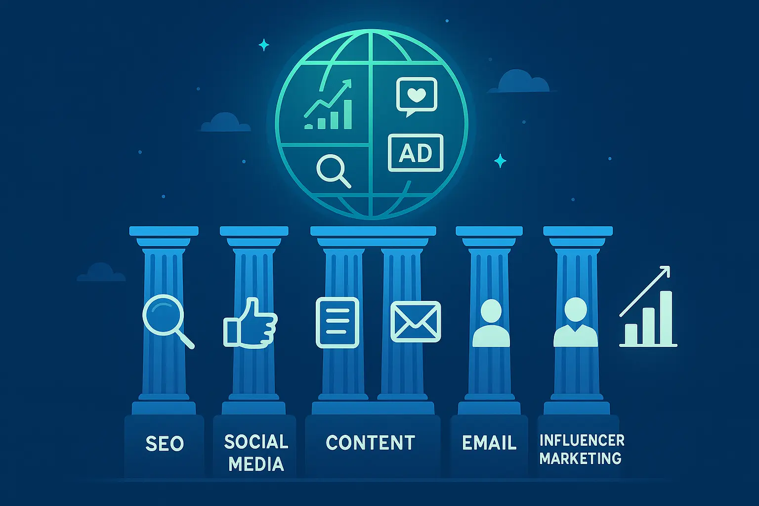 7 main pillars of digital marketing illustrated with SEO, PPC, Social Media, Content, Email, Influencer Marketing, and Analytics