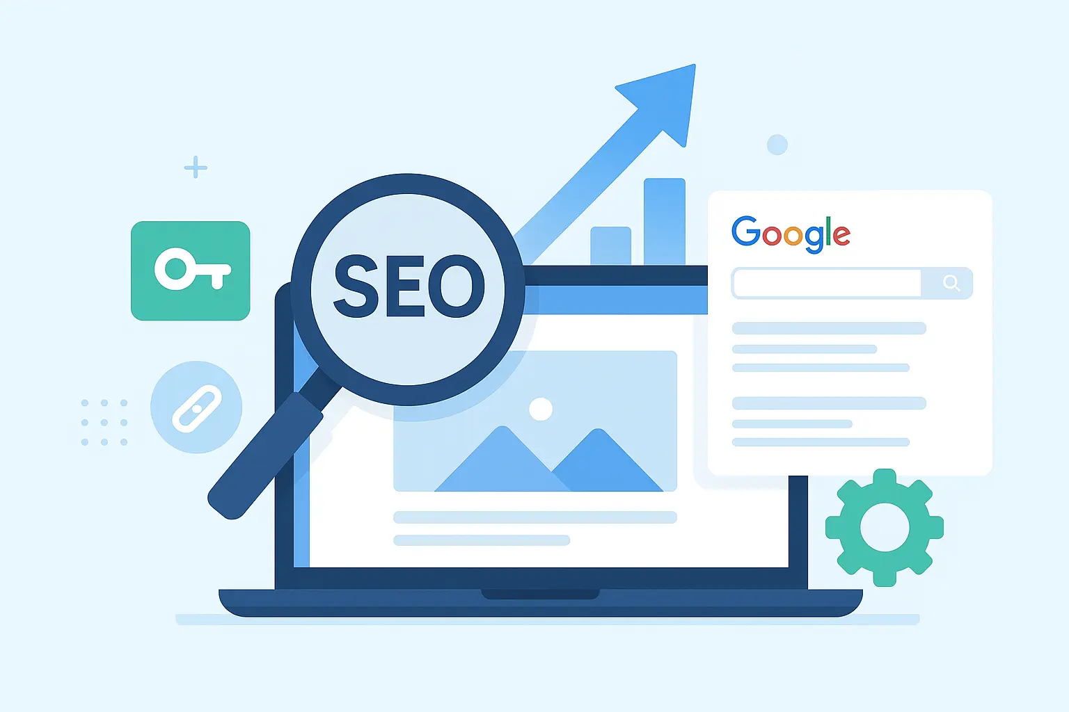 Illustration of SEO in digital marketing showing website ranking, graphs, and Google search results