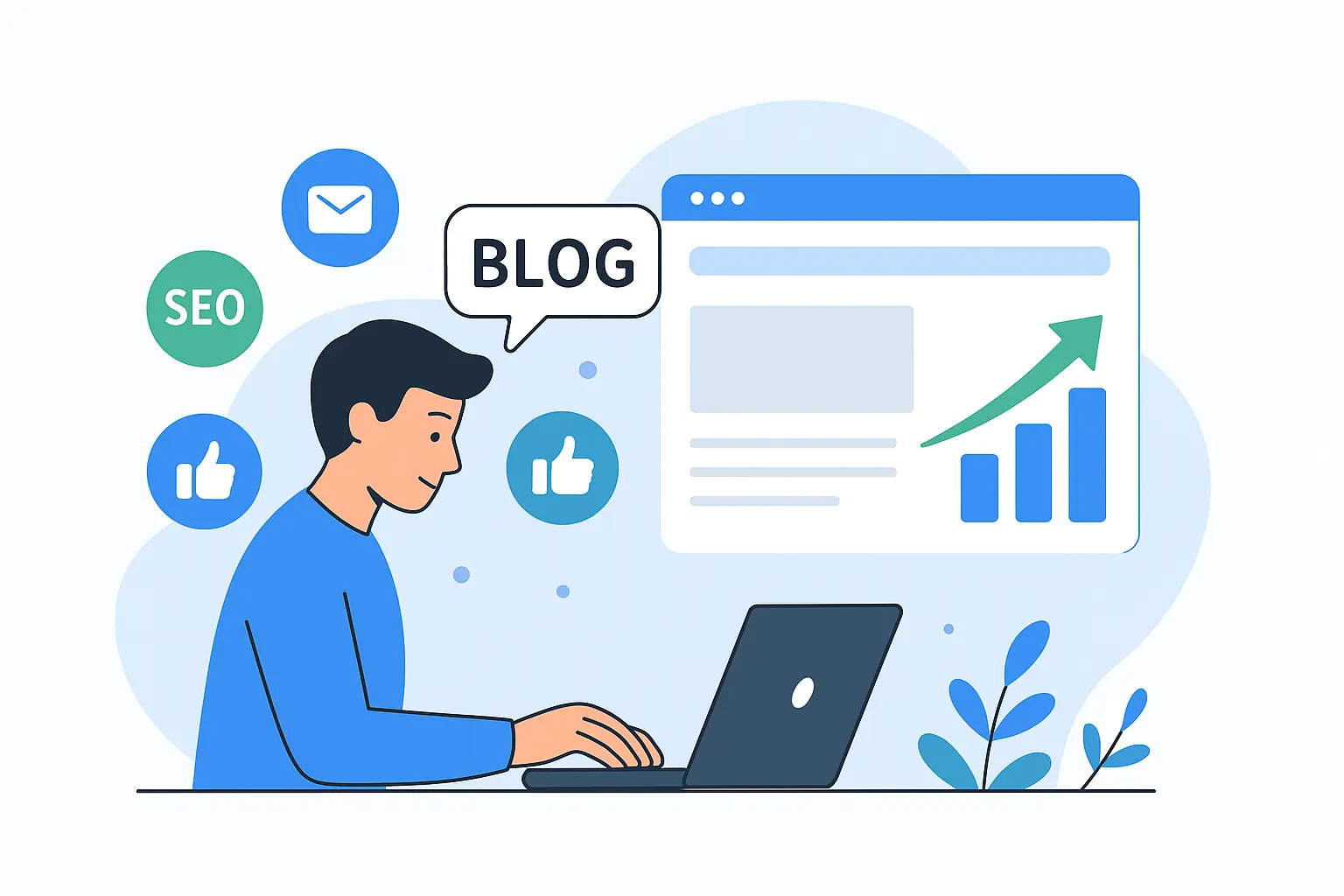 Illustration of a person blogging on a laptop with SEO, social media, and traffic growth icons — symbolizing blogging in digital marketing.