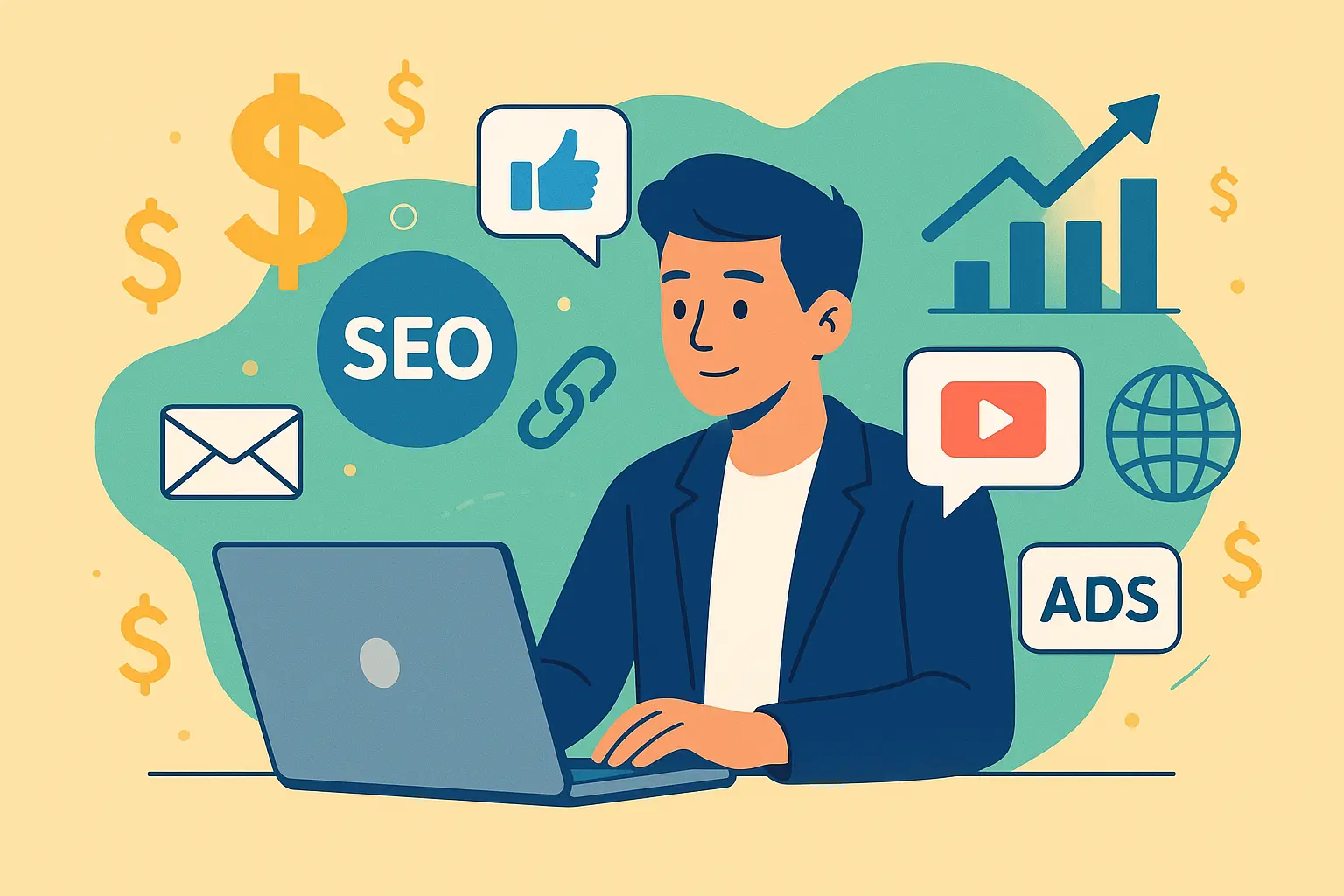 Illustration showing how to earn money from digital marketing with laptop, SEO, social media, and online income icons.