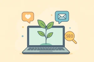 A laptop with a growing plant, symbolizing how digital marketing helps to grow your business, with SouravLabs branding.
