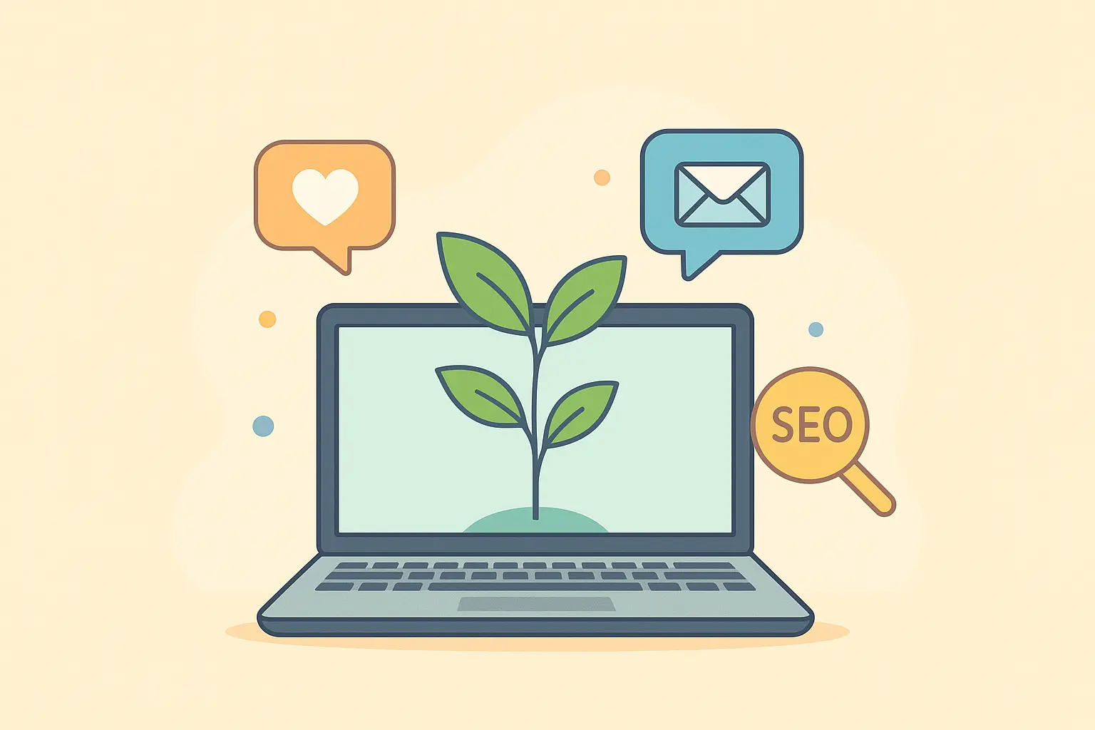 A laptop with a growing plant, symbolizing how digital marketing helps to grow your business, with SouravLabs branding.