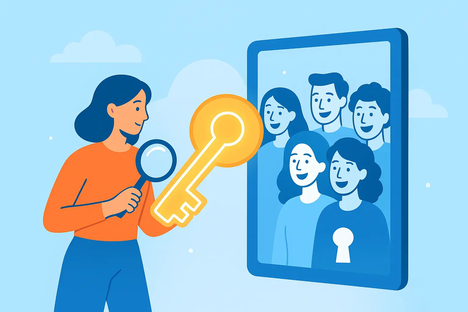 A flat-style illustration showing a person holding a large, glowing key, representing the concept of 'what are keywords in digital marketing,' and unlocking a digital door that leads to a group of eager customers, symbolizing business growth through SEO.