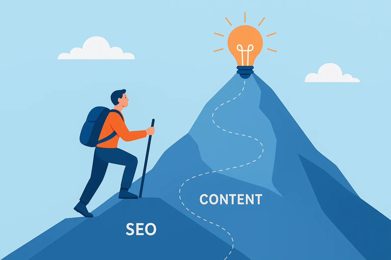 Illustration of a person following a path up a mountain, symbolizing the journey of learning digital marketing, with skill icons like SEO and social media along the way.