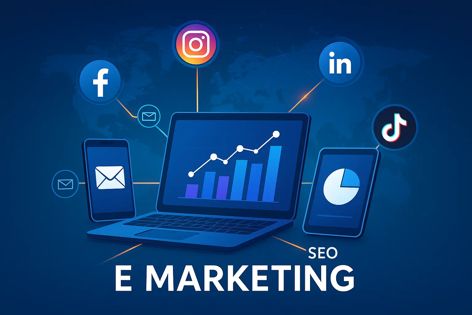 Digital illustration of e marketing with laptop, smartphone, and global network showing social media, SEO, and email icons.