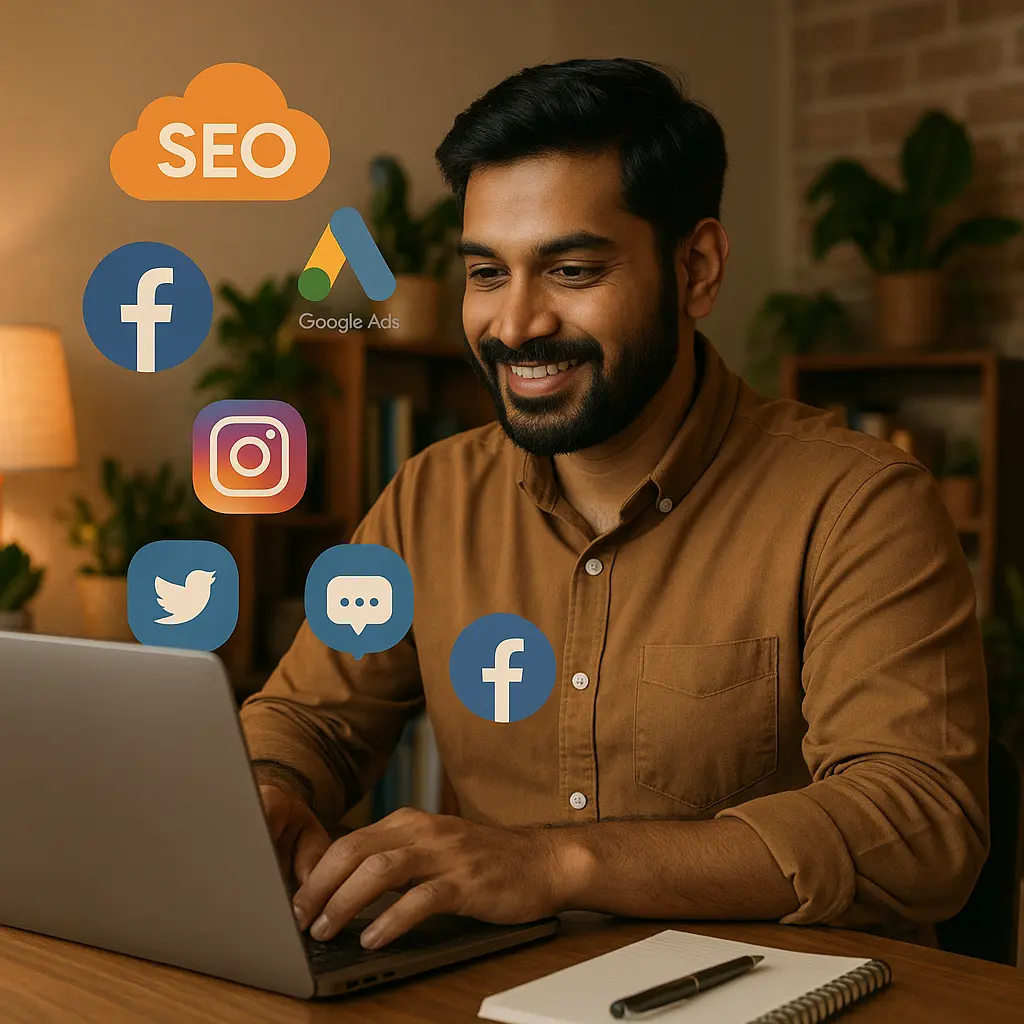 Indian small business owner using digital marketing tools like SEO, Google Ads, and social media to grow their online presence.
