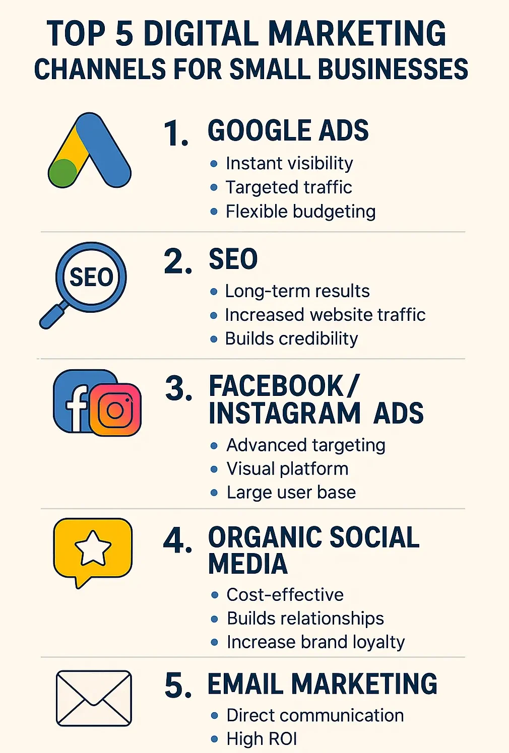 Infographic highlighting top 5 digital marketing channels for small businesses—Google Ads, SEO, social media ads, organic content, and email marketing.