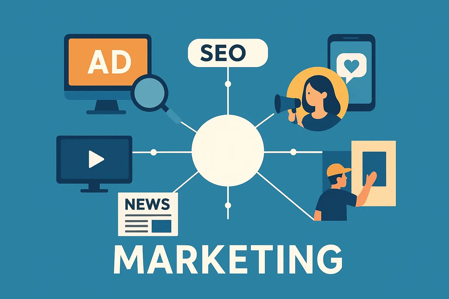 Illustration showing different types of marketing including print ads, SEO, social media, influencer marketing, guerrilla campaigns, and AI chatbots connected in a modern ecosystem