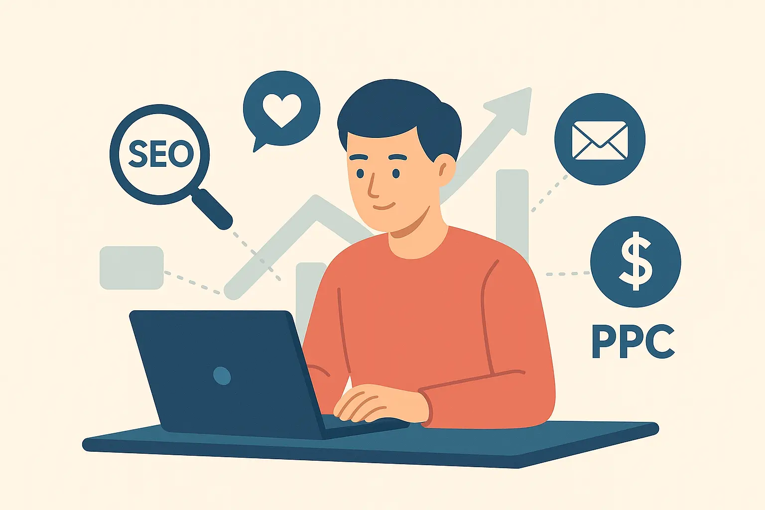 Entrepreneur working on digital marketing strategies with SEO, social media, and advertising icons around a laptop.