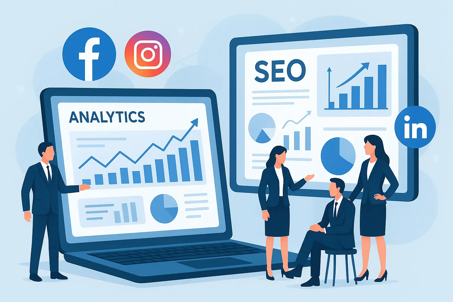 Digital marketing illustration showing SEO analytics, social media icons, and professionals strategizing for business growth
