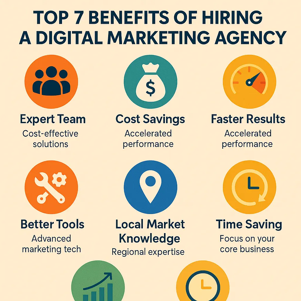 Infographic showing 7 reasons to hire a digital marketing agency, with icons representing growth, tools, expertise, and results.