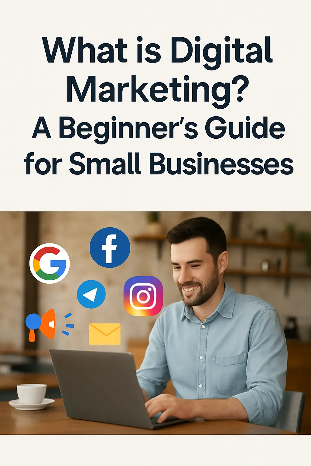 A smiling small business owner using a laptop in a cozy workspace, with digital marketing icons (Google, Facebook, Instagram, email, Telegram, and a megaphone) floating around — illustrating the concept of digital marketing for beginners.