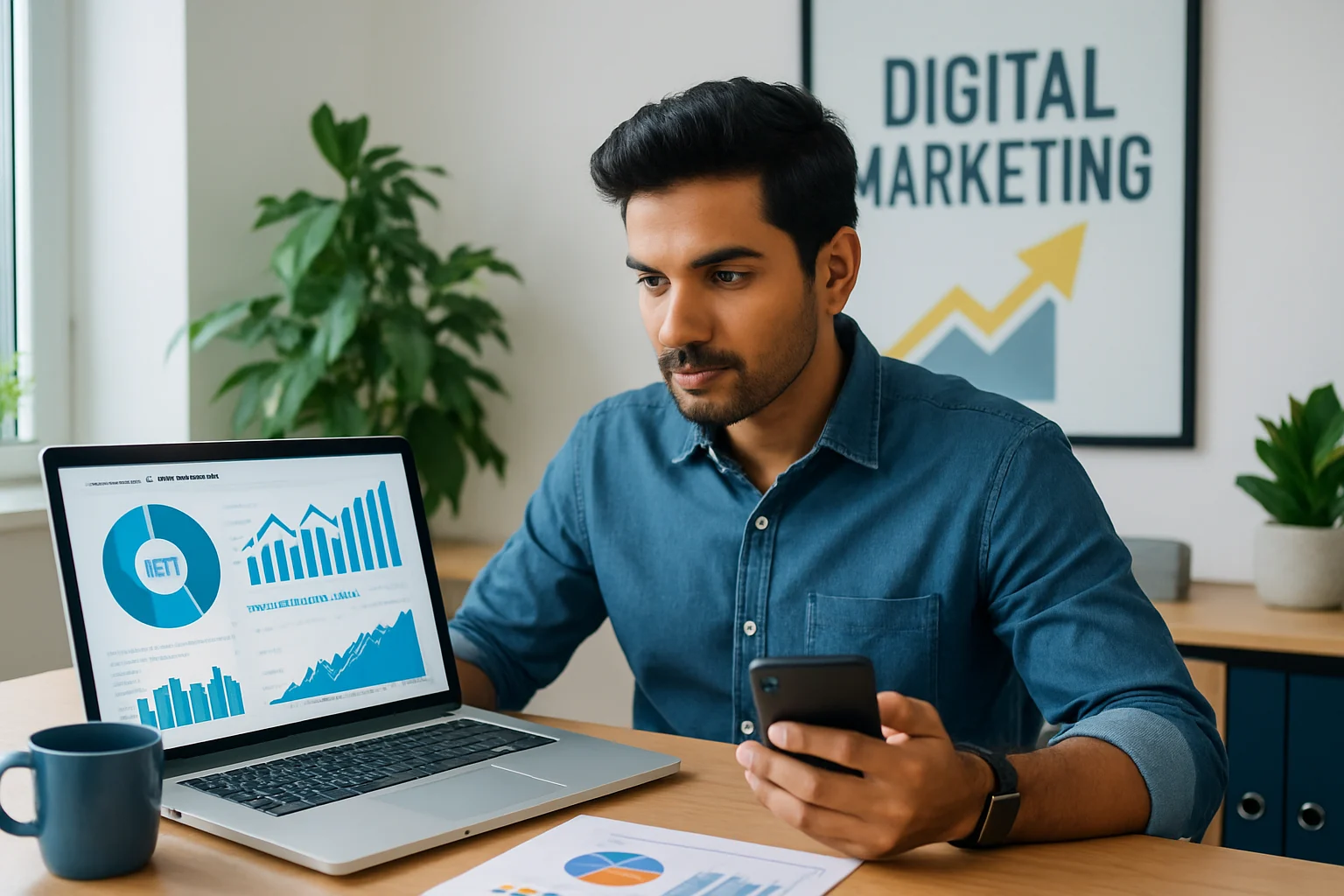 Young Indian business owner analyzing ROI in digital marketing on laptop with charts and graphs in a modern office.