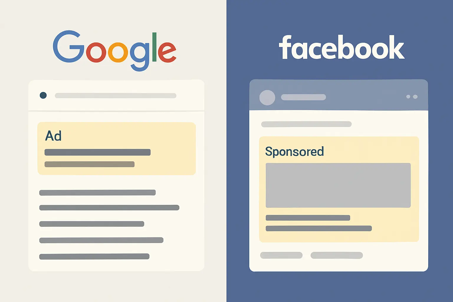 Split-screen illustration comparing Google search results on the left and a Facebook news feed on the right, with colorful ad sections highlighted to show the difference in ad placements.
