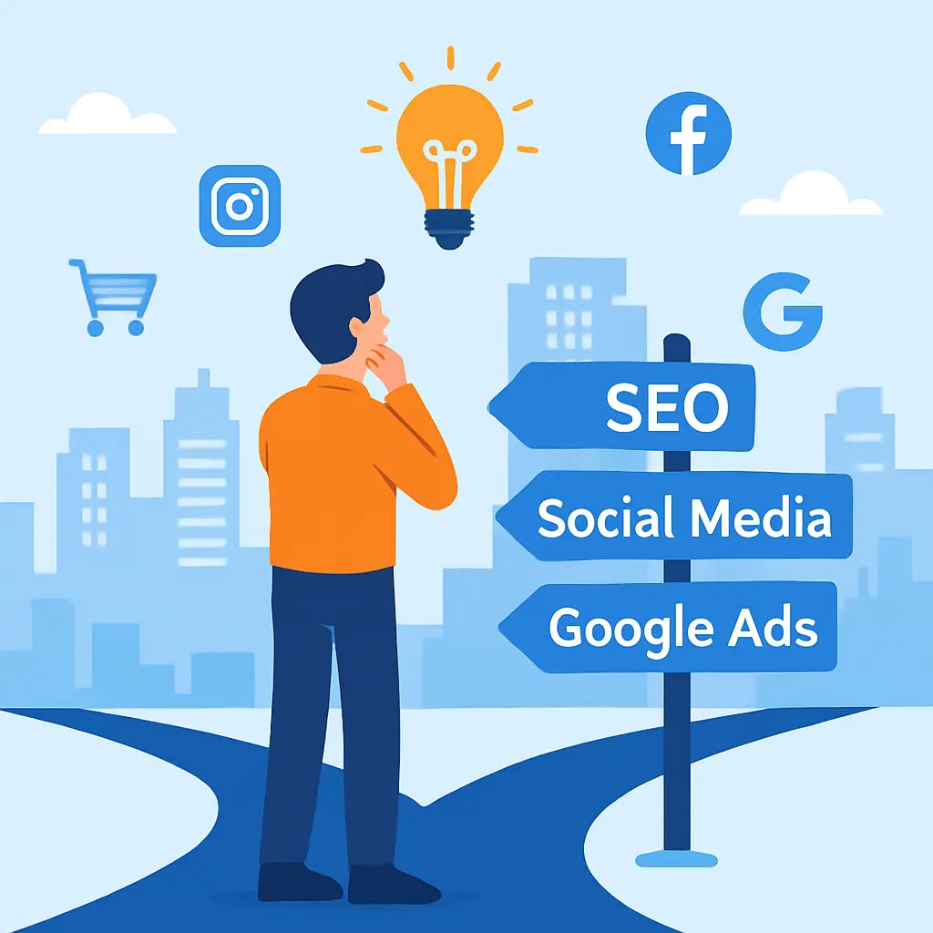 Small business owner choosing the right digital marketing strategy between SEO, social media, and Google Ads with decision-making icons.