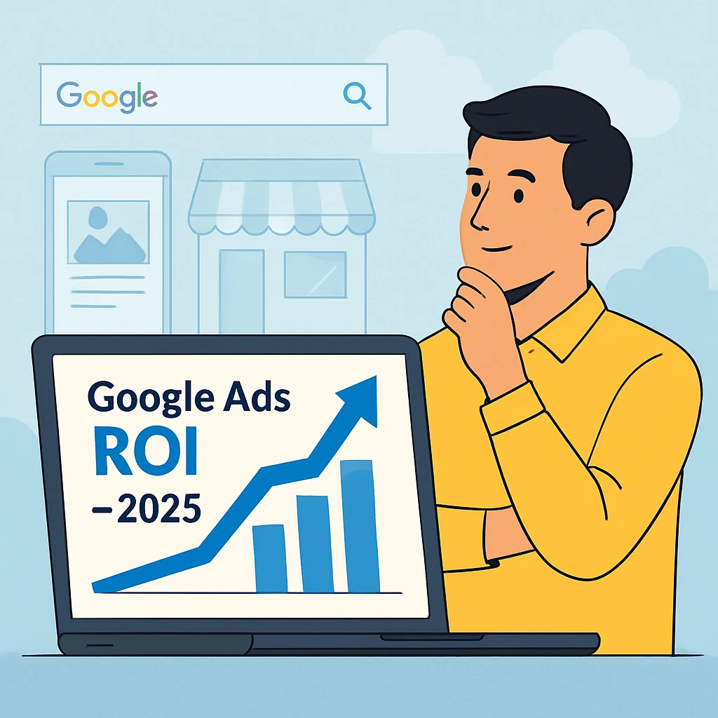 A business owner in a yellow shirt looking at a laptop screen showing a rising graph labeled "Google Ads ROI – 2025", with Google Search, mobile ad, and storefront icons in the background.