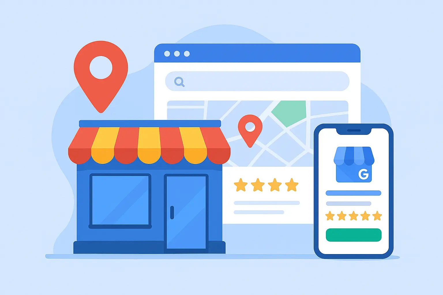 Illustration of Google My Business optimization with maps, reviews, and local SEO ranking strategy.