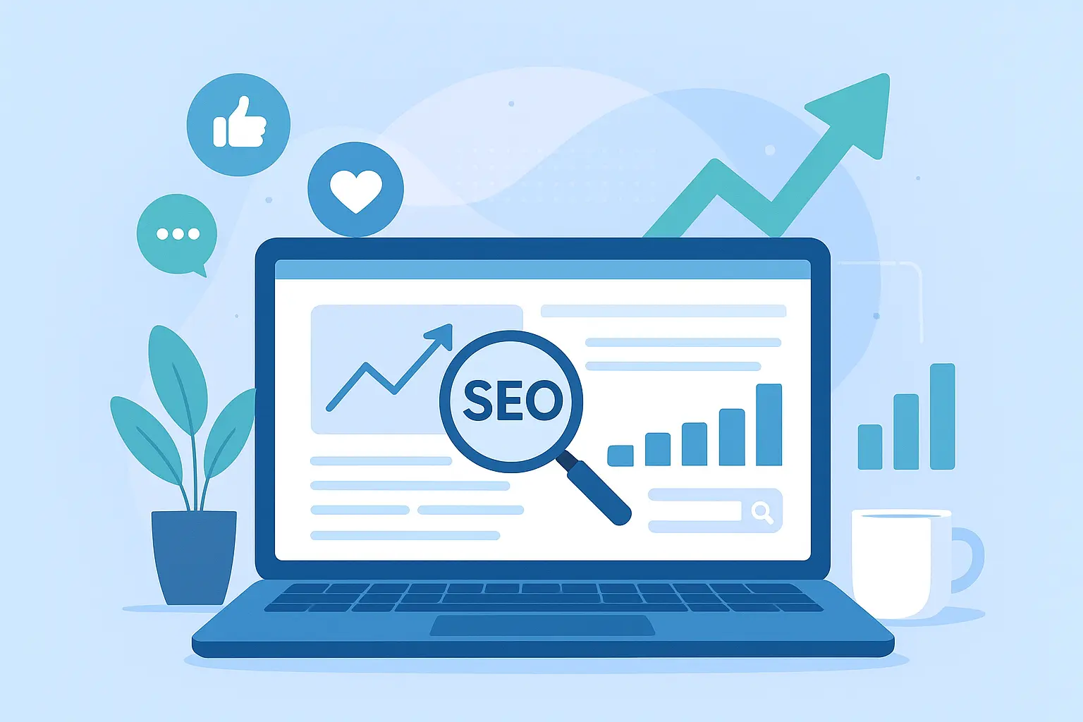 Illustration of SEO in digital marketing showing analytics charts, growth graphs, and search engine results page.