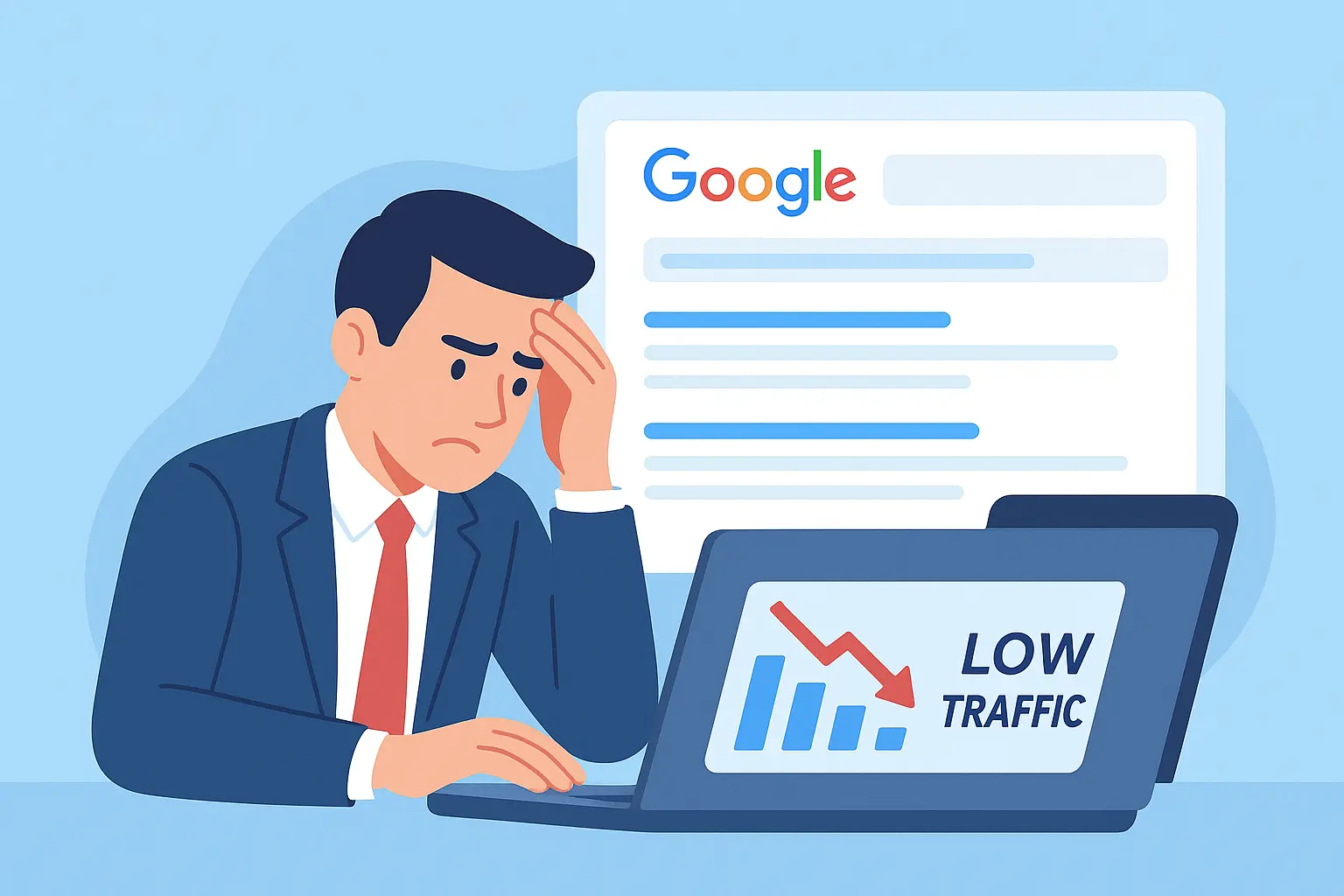 Illustration of a business owner frustrated with low website rankings on Google