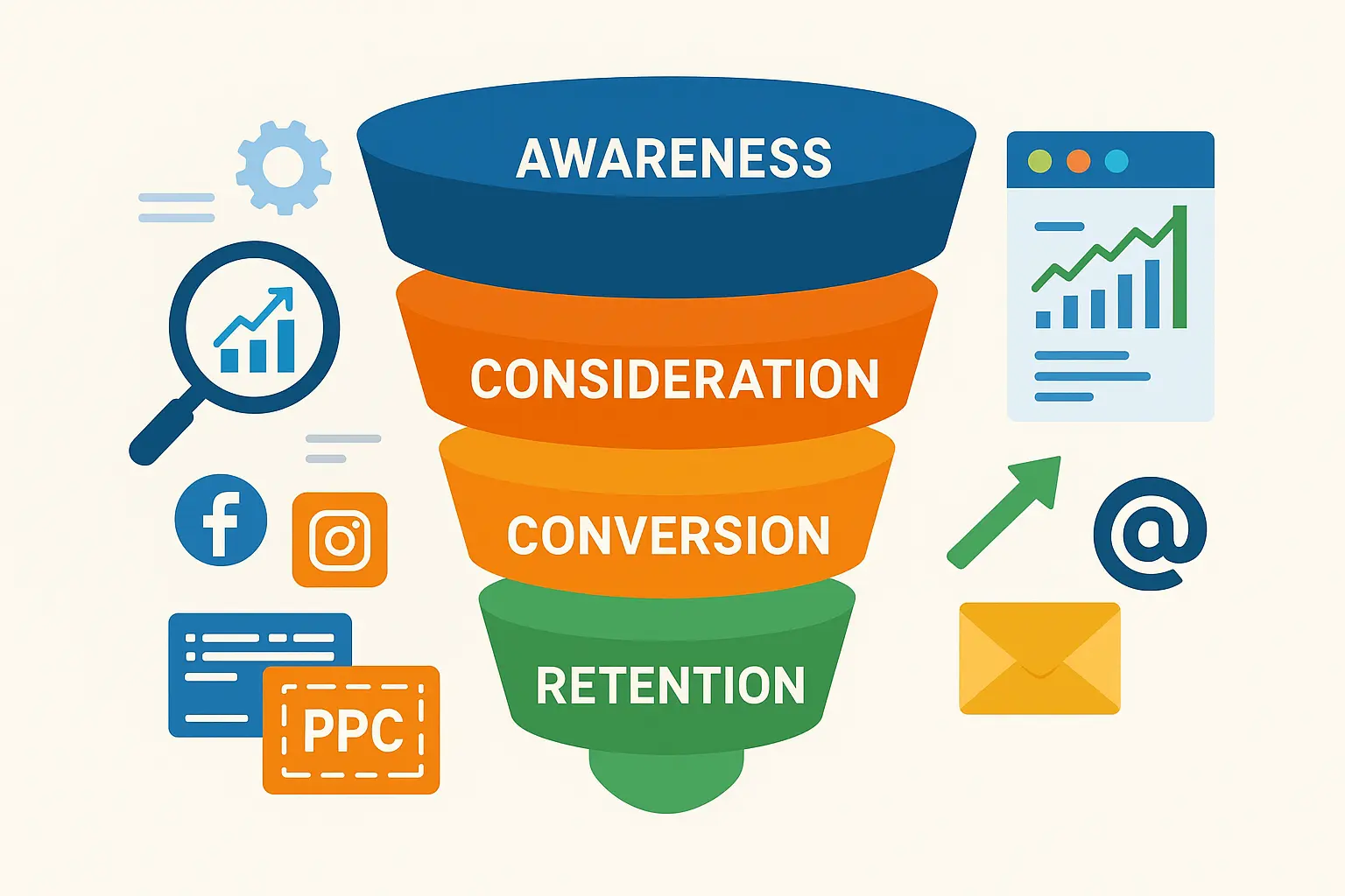 Illustrated concept of how digital marketing works, showing SEO, social media, PPC, and content marketing connected in a funnel.