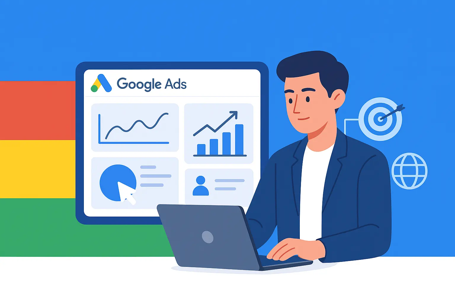 creenshot-style illustration of Google AdWords dashboard displaying ad performance metrics and keyword data.