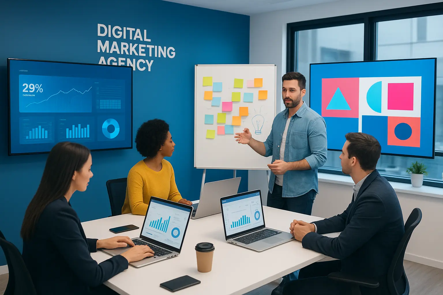 Team of digital marketing experts working on SEO, social media, content, and PPC strategies in a modern agency office.