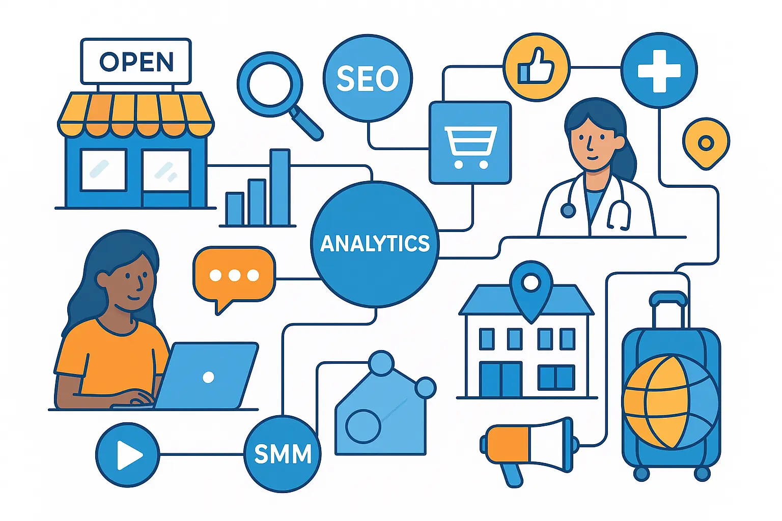 Illustration of multiple industries connected through digital marketing icons like SEO, social media, and online ads.