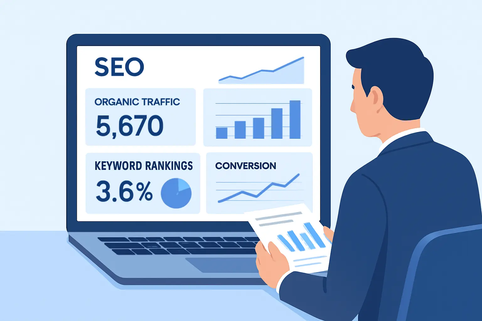 SEO KPIs dashboard showing traffic, conversions, and keyword rankings.