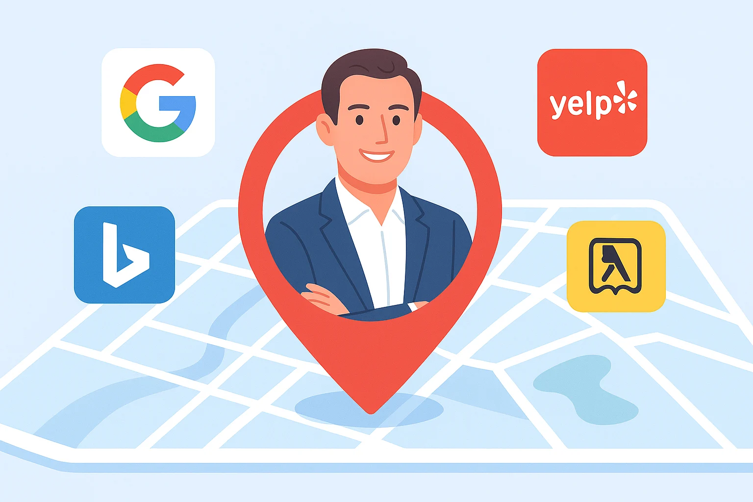 Illustration of business listing submission on digital directories with icons like Google, Yelp, and Bing.