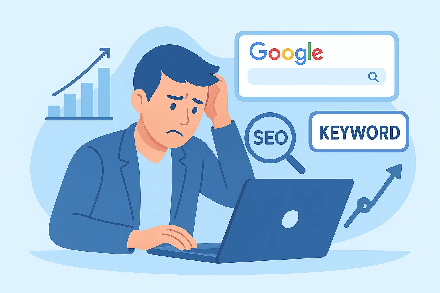 Illustration of a small business owner facing SEO challenges with laptop and digital marketing icons