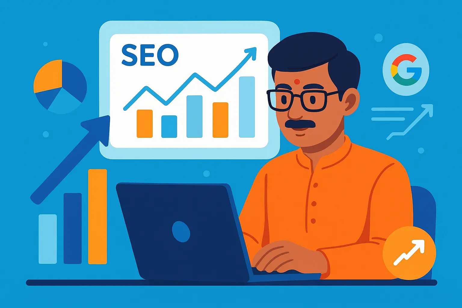 Illustration of SEO cost analysis for small businesses in India with charts, laptop, and Google ranking symbols.