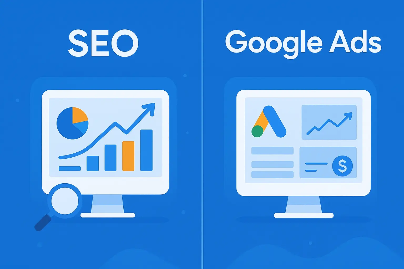 A digital marketing comparison of SEO and Google Ads in 2025, showing organic growth charts vs pay-per-click ad campaigns.