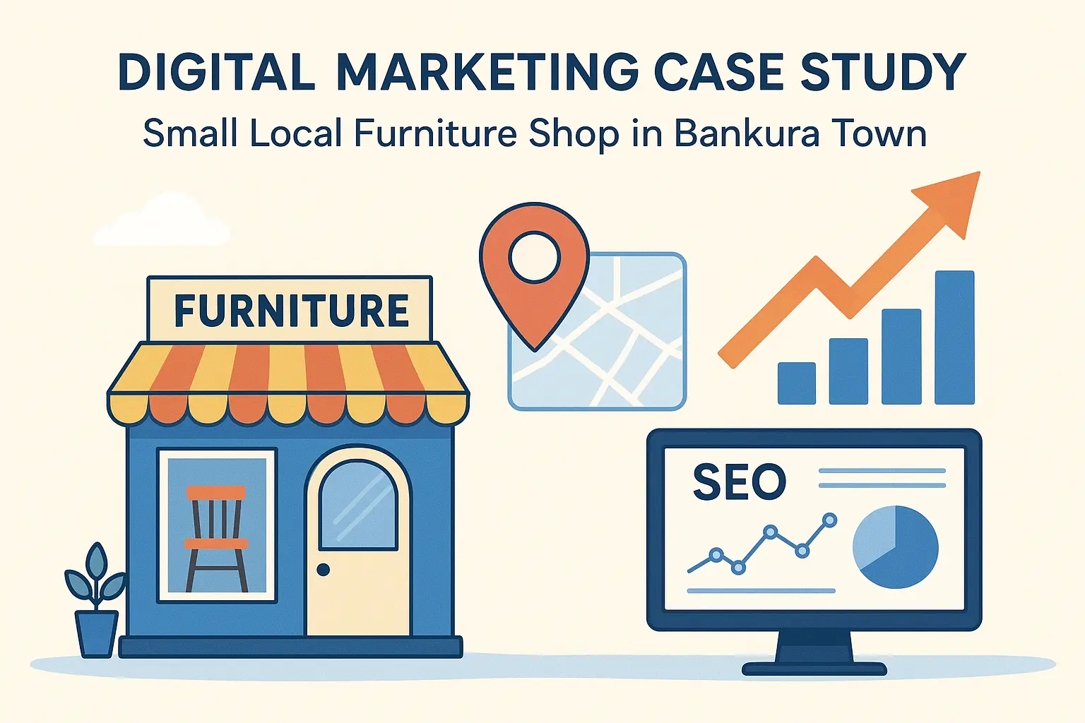 Local SEO case study showing traffic growth of 120% for a Bankura business with Google Maps and analytics visuals.