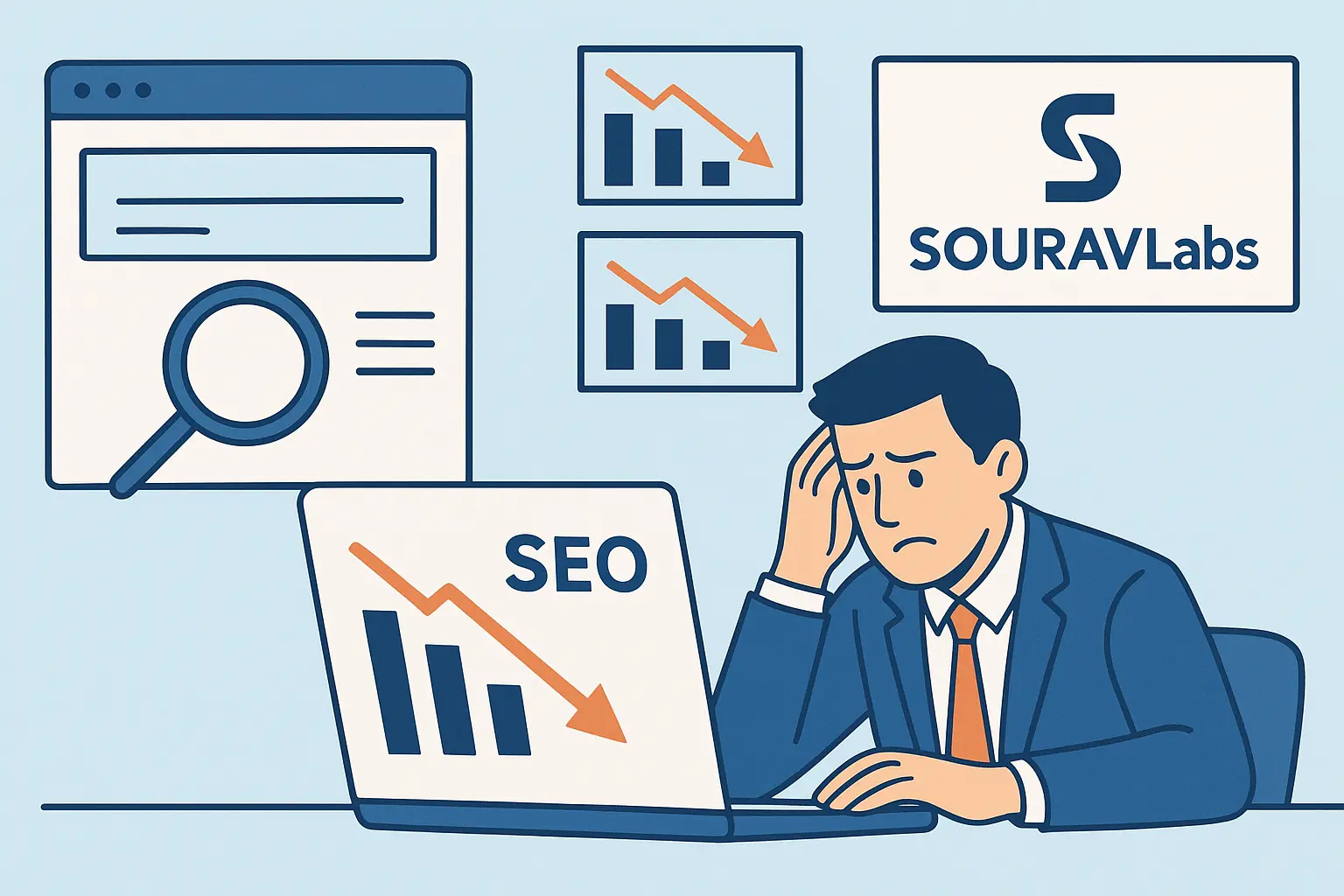 Illustration showing a business owner analyzing poor SEO rankings with charts and SouravLabs providing SEO solutions.