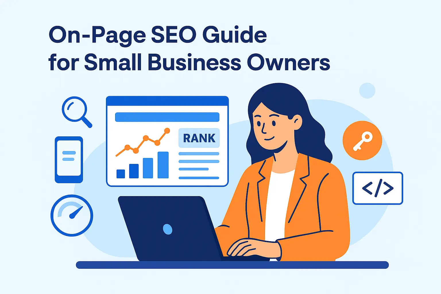 Small business owner checking On-Page SEO performance on laptop with charts and Google ranking icons.