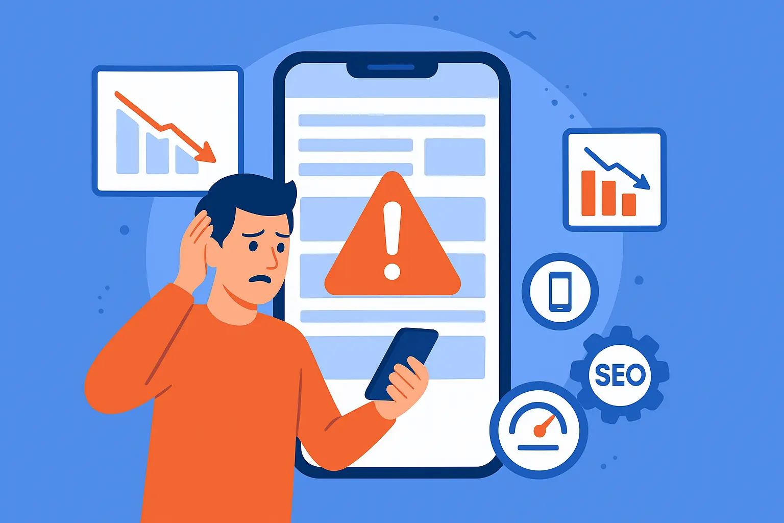 An illustration of a stressed small business owner next to a large smartphone showing a poorly optimized website, with charts indicating slow speed, frustrated user experience, and declining Google rankings, plus icons for mobile responsiveness, speed optimization, and SEO.