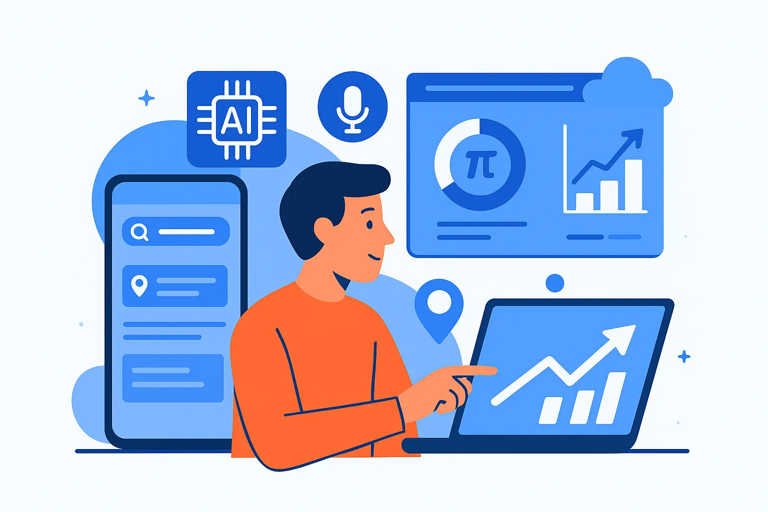 A modern, futuristic flat-style illustration showing a small business owner navigating AI-powered SEO dashboards, mobile search results, and upward traffic charts. Include icons representing AI, mobile-first, voice search, and local SEO.