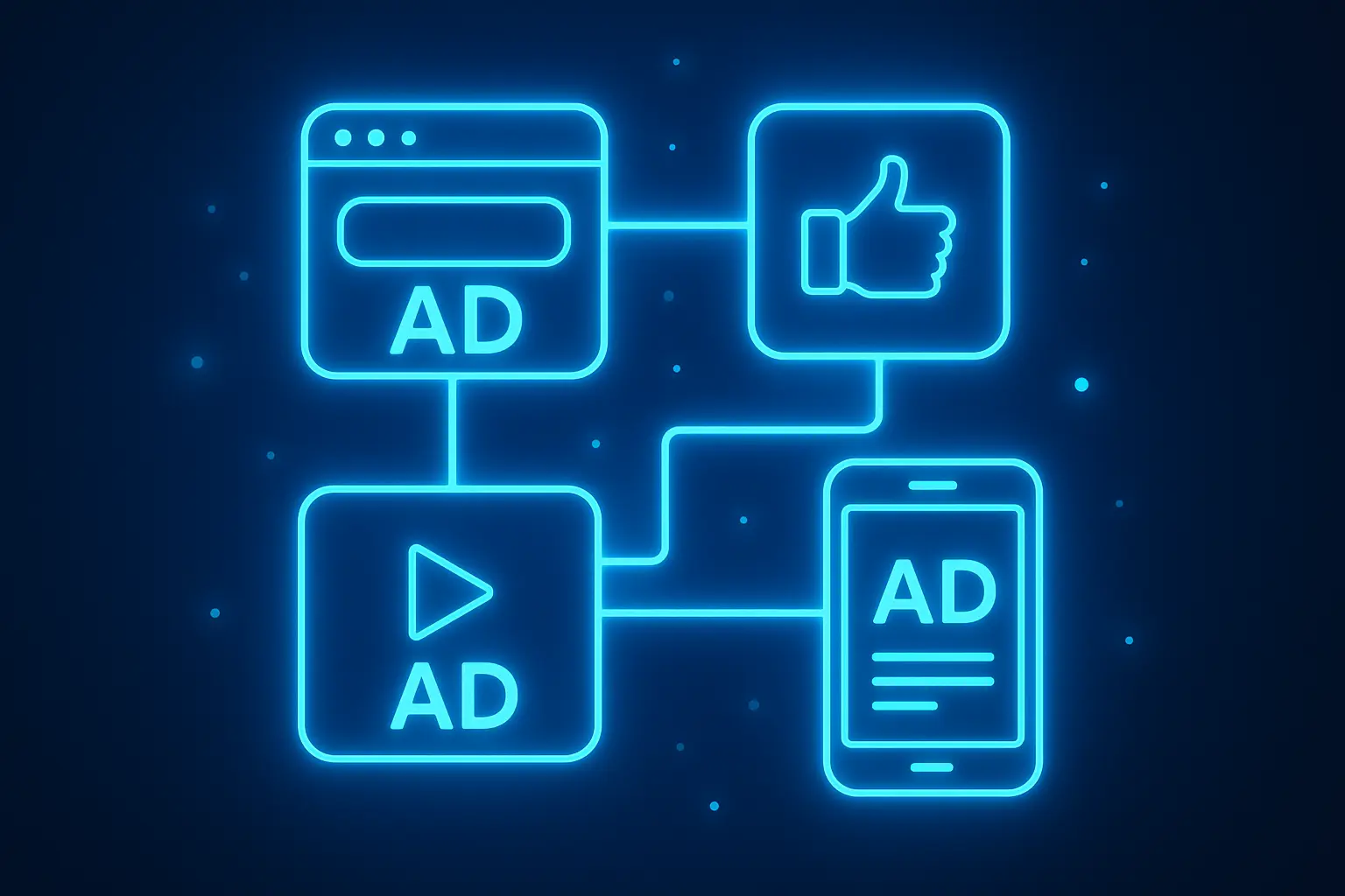 Illustration of digital advertising channels including search ads, social media, video ads, and mobile marketing in a connected digital network.