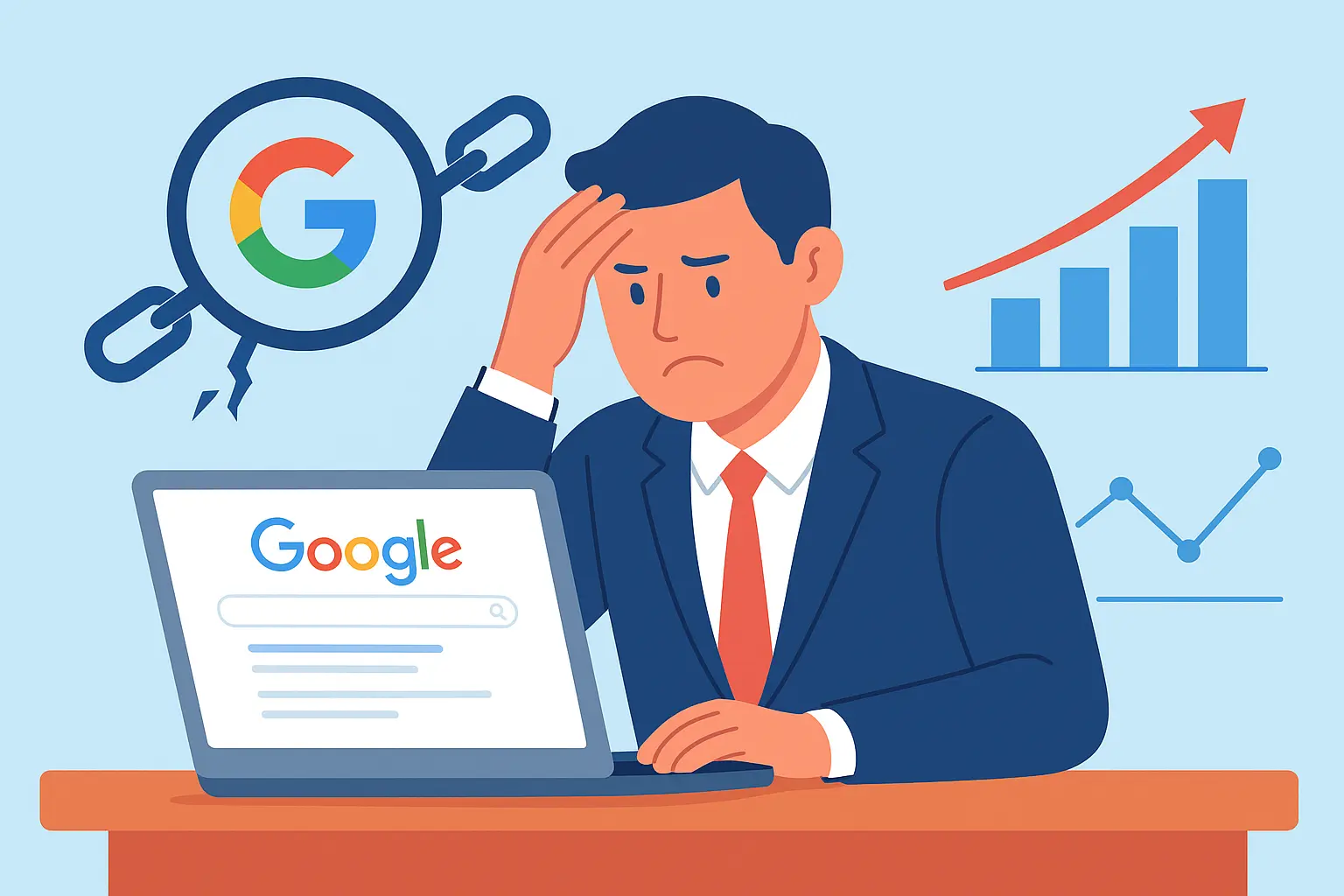 Illustration of a frustrated business owner looking at poor Google rankings with SEO symbols like broken backlinks and graphs.