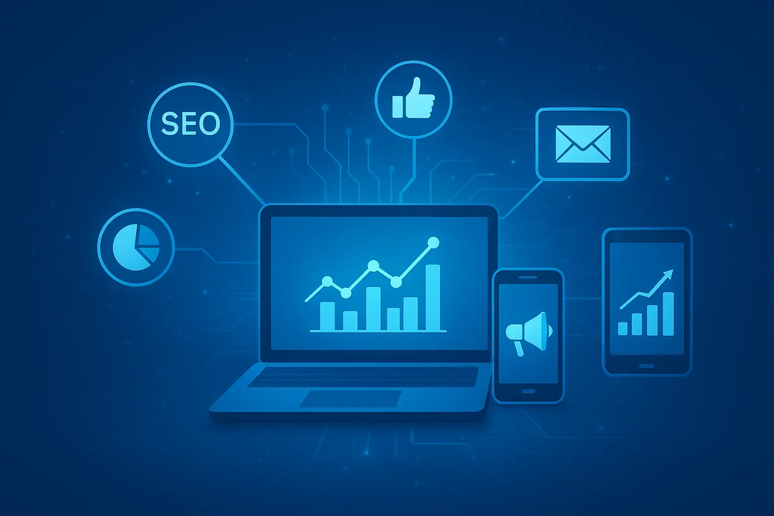 Illustration of digital marketing with laptop, smartphone, and icons for SEO, social media, email, and analytics.