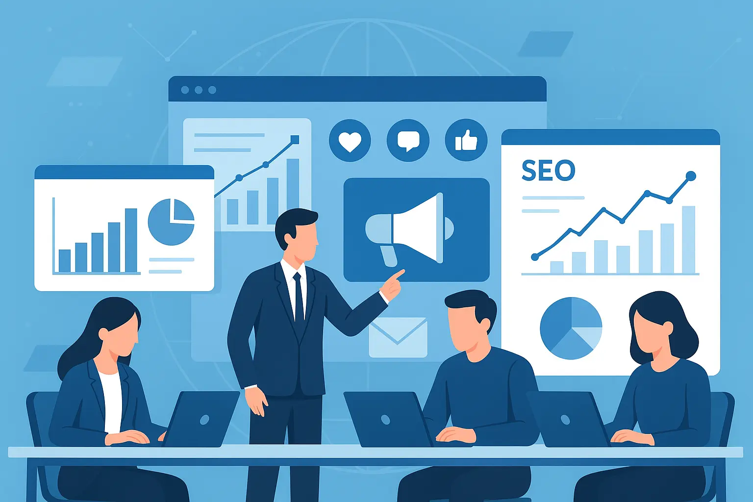 Team analyzing digital marketing strategies with graphs, social media icons, and SEO dashboards to highlight the benefits of digital marketing services.