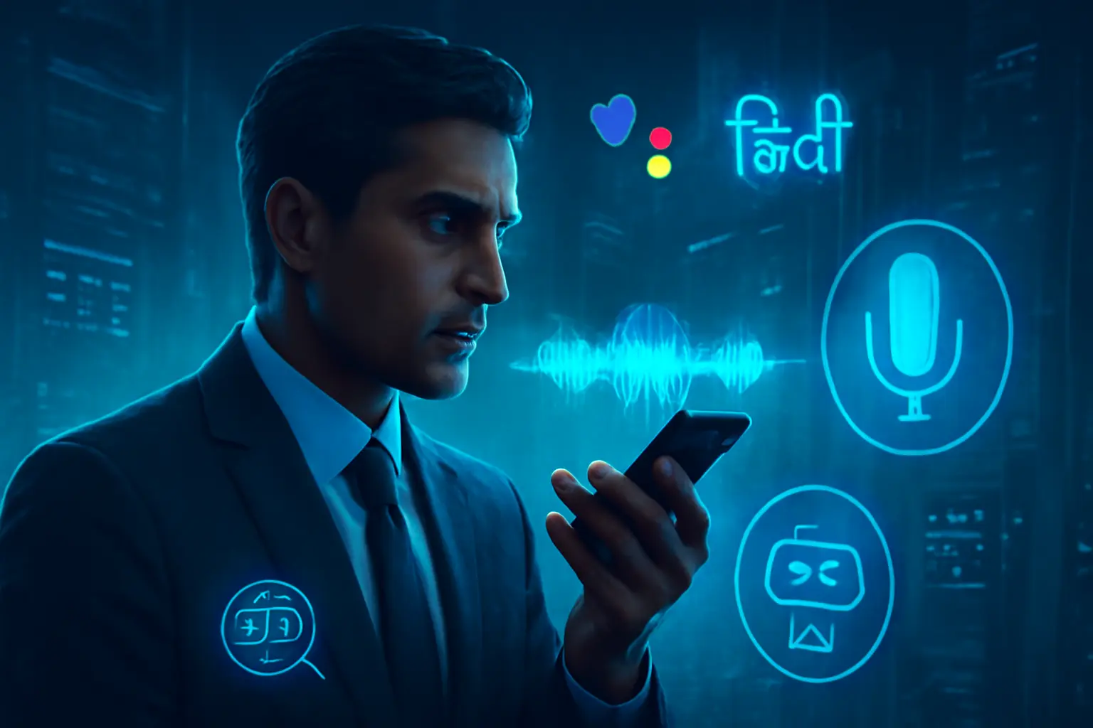 Indian business owner using voice search on smartphone with digital SEO and AI assistant visuals symbolizing future of voice search SEO in India