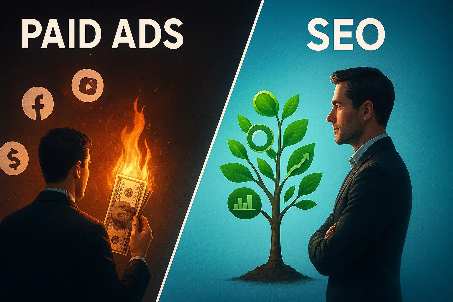 Comparison between Organic SEO and Paid Ads showing long-term growth vs short-term results, by SouravLabs