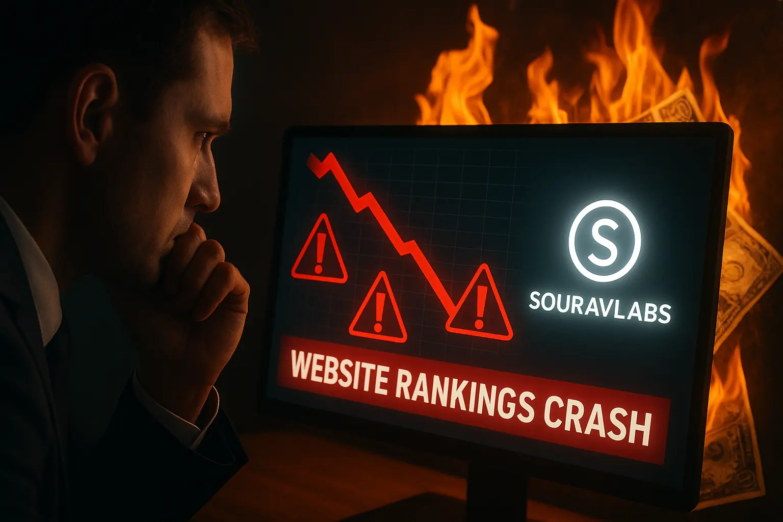 Business owner shocked by falling website rankings due to cheap SEO services — representing the dangers of low-quality SEO vs premium SouravLabs strategy.